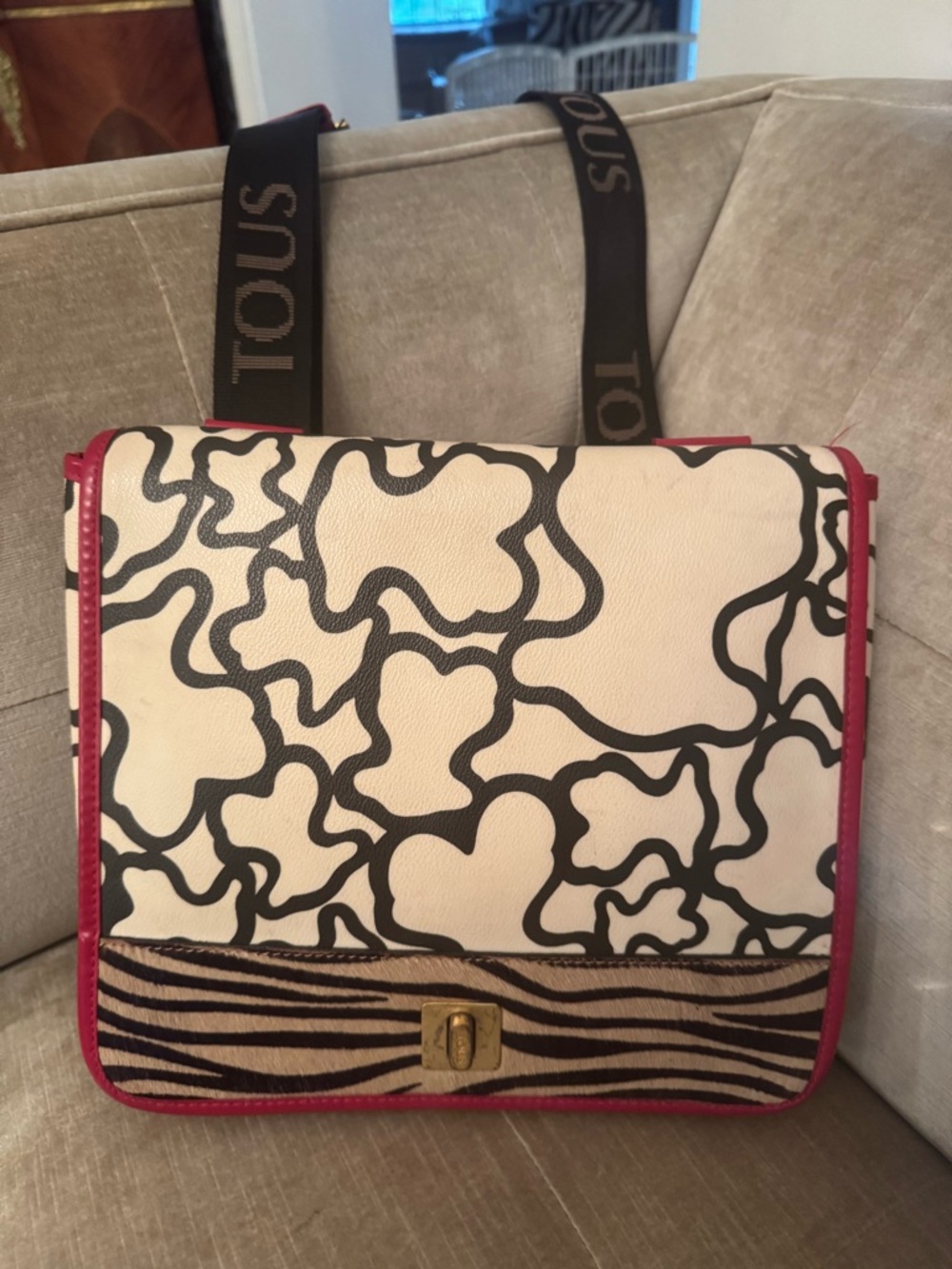 Tous White Black Graphic Shoulder Bag with Pink Trim